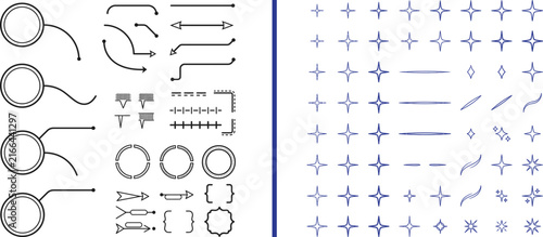 Vector design elements set with callout circles pointers arrows brackets and sparkle star icons for UI layout