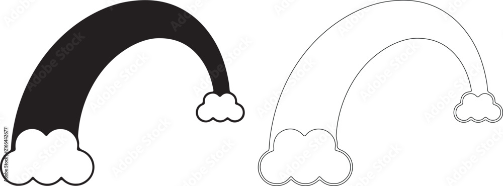 Fototapeta premium Minimalist rainbow vector icons, black silhouette and outline rainbow with clouds, simple weather arc graphic set