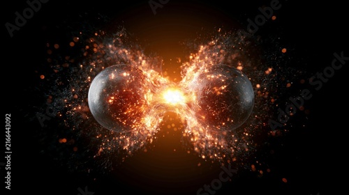 Conceptual illustration of an atom splitting and releasing energy, visualizing nuclear fission with glowing particles on a dark background