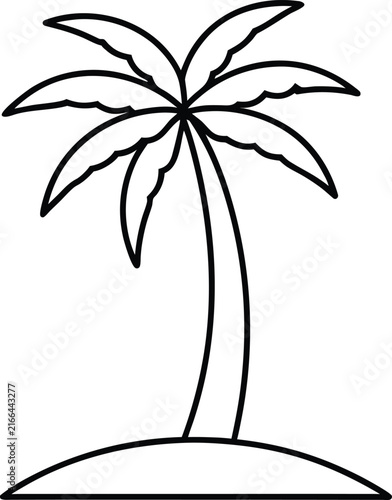 Minimalist palm tree outline. Tropical palm with fronds on sand dune. Black and white vector drawing. Island silhouette illustration. Summer vacation doodle.