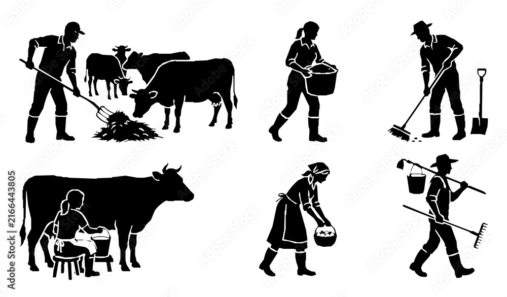 Fototapeta premium Farmers performing daily agriculture activities feeding livestock cleaning barns and rural work black silhouette vector set