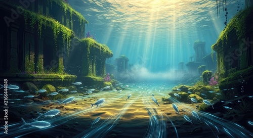 Obraz na płótnie Ancient underwater ruins with fish and light beams.