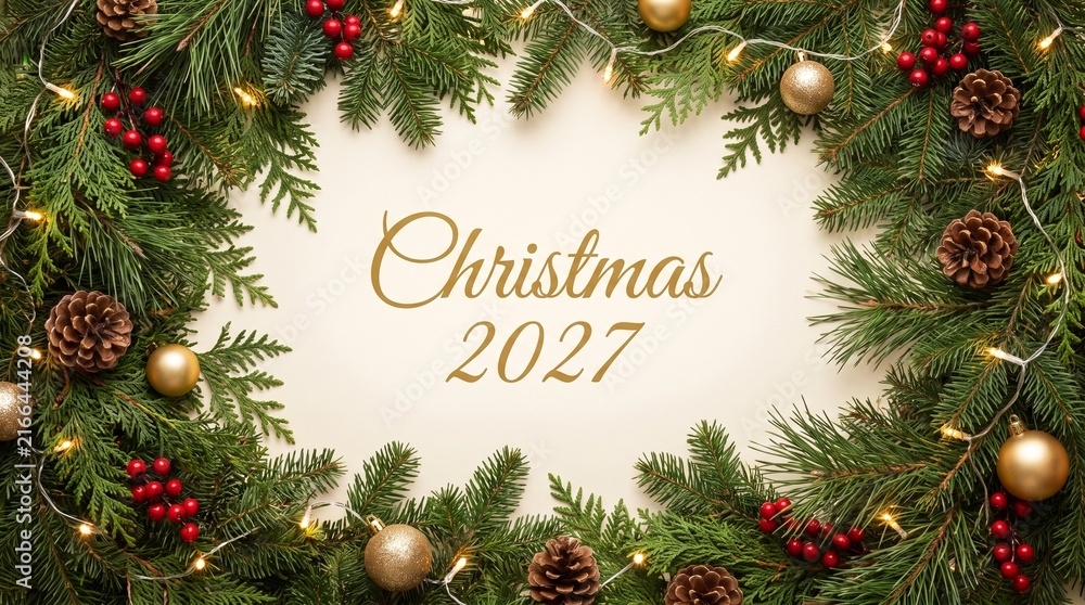 Obraz premium Christmas 2027 greeting card with a festive wreath of pine branches, pinecones, red berries, and golden baubles on a light background