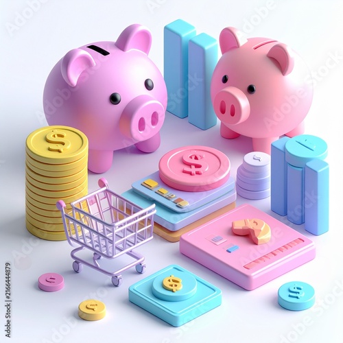 3D finance saving concept with piggy banks coins and shopping cart