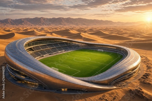Futuristic modern stadium architecture situated in middle of vast arid desert sand dunes under golden sunset sky creating unique sports venue visual experience.