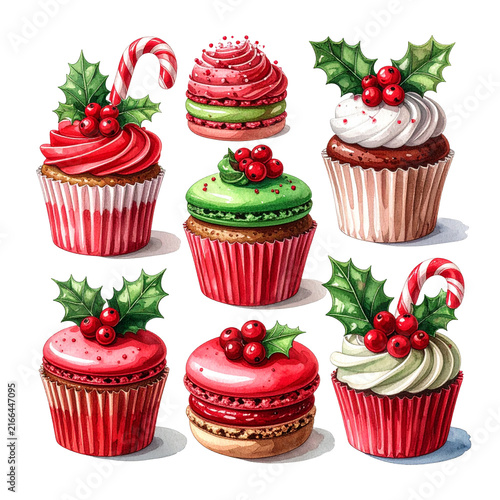 Generative AI watercolor Christmas cupcakes and macarons set with holly berries and candy canes
