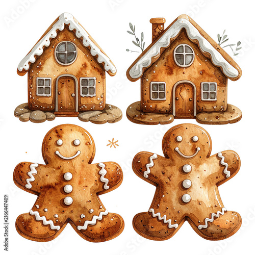 Watercolor Christmas gingerbread houses with smiling gingerbread men