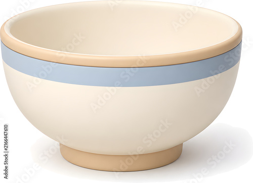 Empty cream ceramic bowl with a blue rim, Korean traditional tableware, 3D illustration isolated on white background