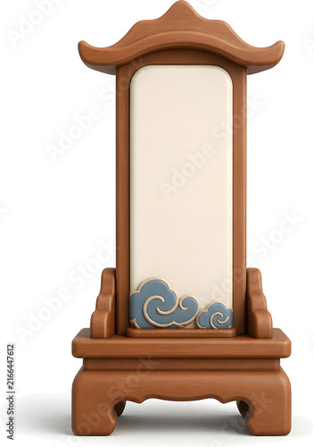 Wooden Korean ancestral tablet with a blank panel and cloud carving, memorial rite object, 3D illustration isolated on white background