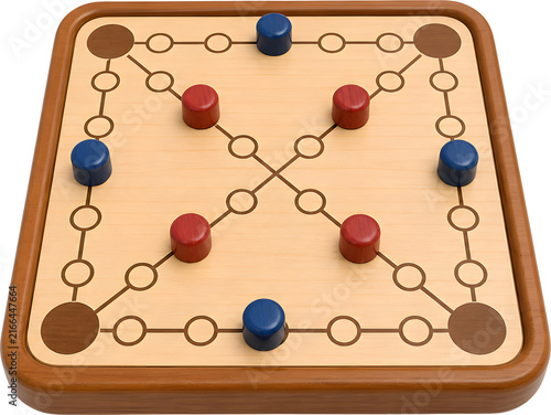 Wooden yut nori board game with red and blue playing pieces, Korean traditional holiday game, 3D illustration isolated on white background