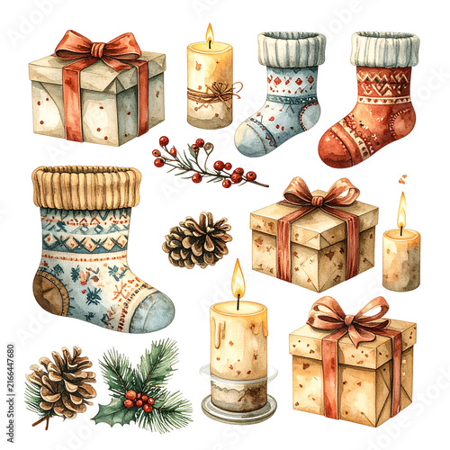 Watercolor Christmas gifts with burning candles and cozy winter socks