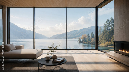 Modern Luxury Living Room with Panoramic Lake and Mountain View