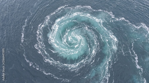 Powerful ocean whirlpool with swirling blue water. Aerial view of a deep sea vortex. Natural water spiral with white foam and ripples.