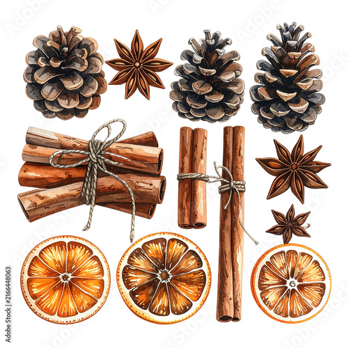 Watercolor Christmas spices with cinnamon sticks and dried orange slices