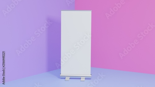 Roll Up Banner Mockup Against Pastel Purple and Pink Corner Wall