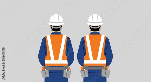 Two construction worker men in safety gear seen from behind