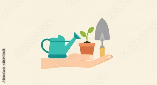 Hand holding gardening equipment with small sprout in pot
