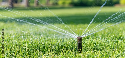 A garden irrigation system evenly waters healthy green grass, enhancing sustainable lawn maintenance in sunny weather.