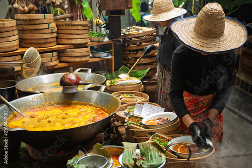 Obraz na plátně The famous Khao Soi Yukkamai restaurant at Baan Kang Wat,Chiang Mai, Thailand  An open air Northern Thai restaurant at Baan Kang Wat, featuring bamboo décor, perfect for lunch in Chiang Mai Thailand