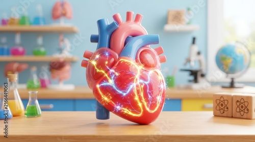 Vibrant Heart with Sparks Illustrating Life and Travel in a Colorful Laboratory Setting
