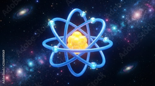 Atomic Structure Visualization with Orbiting Electrons and Nucleus in a Cosmic Background