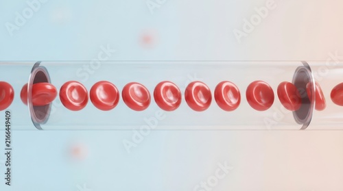 Close-up View of Blood Cells Flowing Through a Transparent Tube with a Soft Blue Background