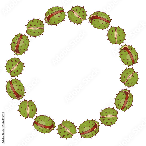 Autumn Chestnut Circle Wreath Frame. Nuts In Spiky Green Husks. Round Blank Template. Colored Hand Drawn