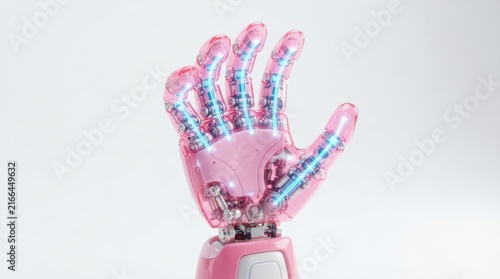 Futuristic Transparent Robotic Hand with Blue Lights Displaying Internal Mechanisms and Design Elements