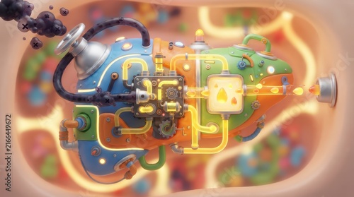 Creative Illustration of Liver Processing Toxins with Colorful Pipes and Machinery