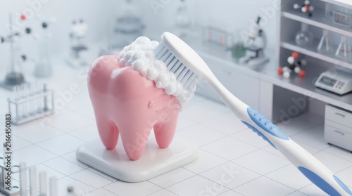 Giant Tooth Being Cleaned with a Toothbrush in a Modern Lab Environment Featuring Scientific Equipment