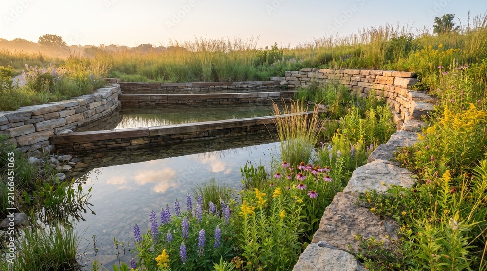 Fototapeta premium A serene stonewalled reflecting pond in a lush prairie landscape at sunrise with wildflowers and tall grasses in the foreground