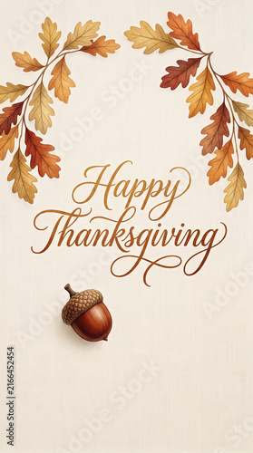 Autumn oak leaves frame an acorn, symbolizing the harvest and Thanksgiving, perfect for seasonal greetings or invitations