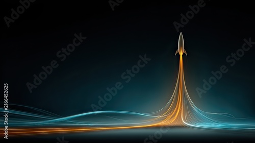 Abstract illustration of a rocket launching into space with vibrant trails of light representing speed and innovation