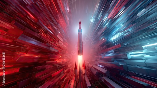 Futuristic Rocket Launching Through Dynamic Energy Field of Red and Blue Light With Abstract Metallic Structures Surrounding