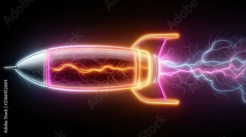 Futuristic Rocket Blasting Through Space with Electric Energy and Colorful Neon Lights in Dark Background