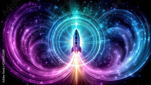 Colorful Abstract Rocket Launch with Vibrant Swirls and Stars Illustrating Space Exploration and Adventure Concept