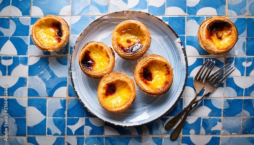 traditional portuguese egg tarts dessert pastel de nata on blue tile with forks flat lay portuguese