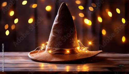 brown wizard hat with fairy lights on a table
