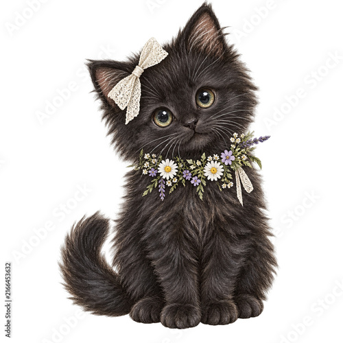 Cute black kitten with wildflower collar and lace bow