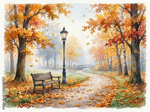 Vibrant Watercolor Autumn Park with Winding Path Bench and Lamppost
