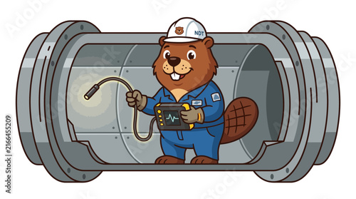 Cartoon Beaver Technician Inspecting Pipe with Camera