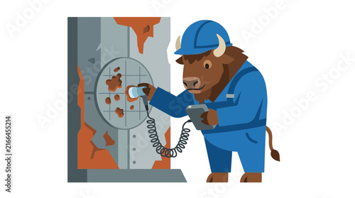 Cartoon Bison Worker Inspecting Rusty Panel