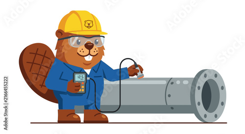 Cartoon Beaver Inspects Industrial Pipe with Ultrasonic Device