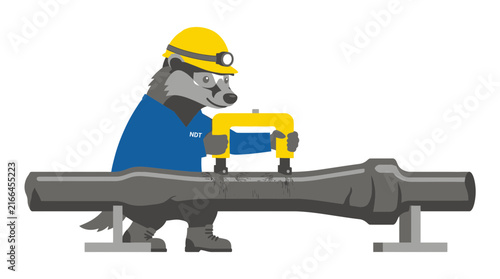 Cartoon Badger Inspects Industrial Pipe with Magnetic Device