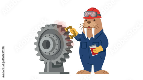 Anthropomorphic walrus mechanic working on large gear