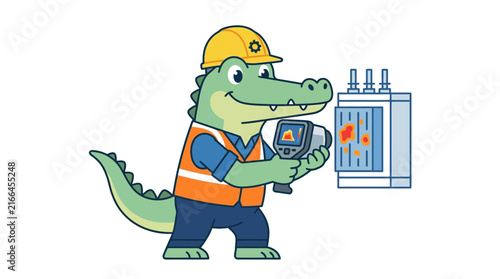 Cartoon Alligator Technician Inspects Electrical Panel with Thermal Camera
