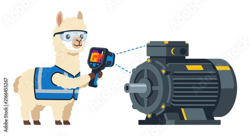 Llama technician inspects motor with thermal camera