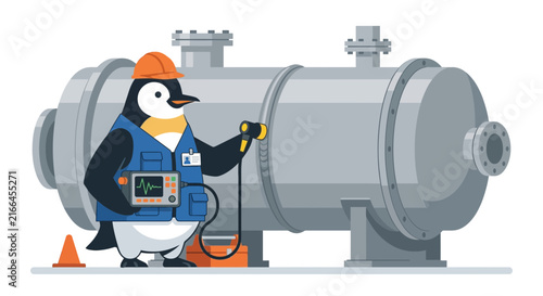 Penguin Technician Inspecting Industrial Pipe