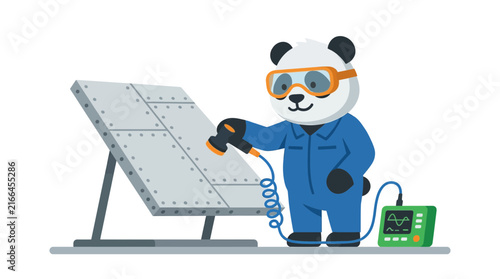 Panda mechanic working on solar panel with tester
