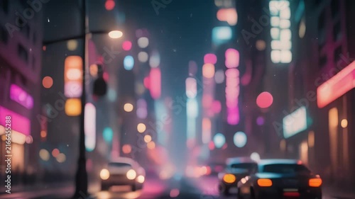 abstract neon light animation with moving cars and city lights